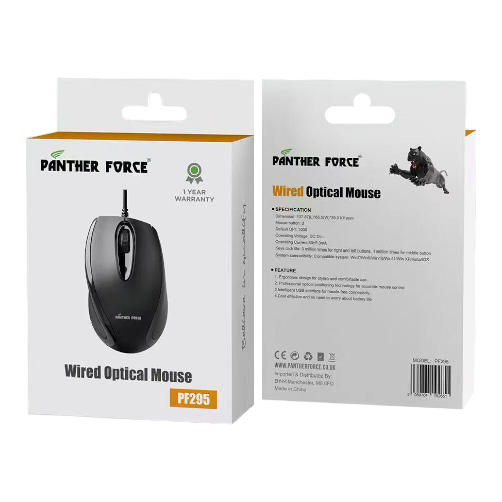 Panther Force Wired Optical Mouse - PF295 | High-Precision Tracking, Ergonomic Design, Durable Build, Plug-and-Play Simplicity Panther Force Wired Optical Mouse - PF295 | High-Precision Tracking, Ergonomic Design, Durable Build, Plug-and-Play Simplicity